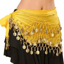 Chiffon Belly Dance Hip Scarf With 128 Coins For Yoga Class - Yellow - View 9