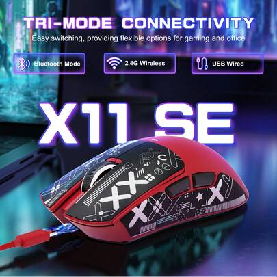 ATTACK SHARK X11SE Mouse Gamer Sem Fio Leve 59g, 3 Modos (2.4G/USB-C/Bluetooth), 22.000 DPI, Sensor Óptico PAW3311, 5 Botões Programáveis, Bateria 300mAh, para PC