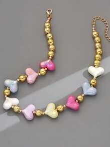 1pc Women's - Dopamine Heart Beaded With Gold Spacer Beads, Lightweight Daily Jewelry, Suitable For Party, Festival And Gift, Bohemian Jewelry