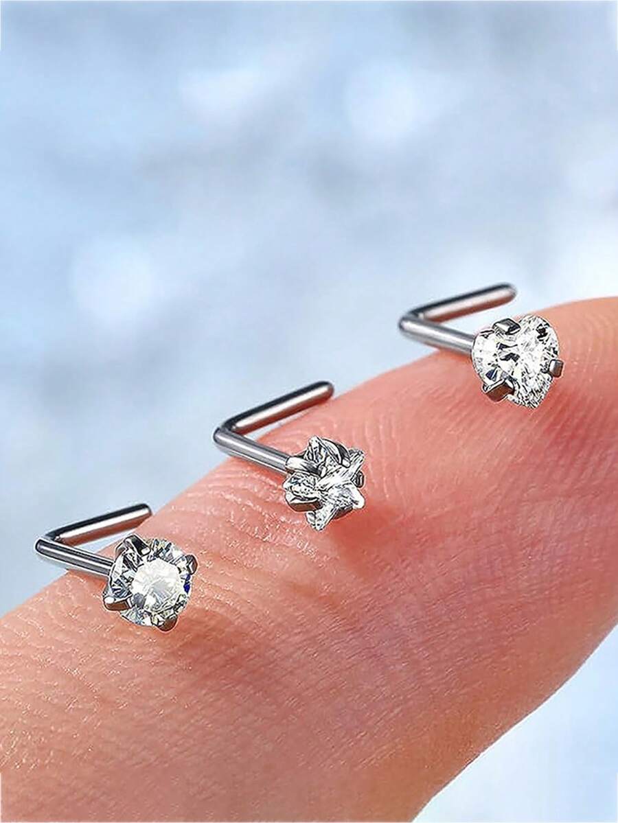 3 件鼻环耳钉，20G L 形鼻环，圆形/星形/心形闪亮 CZ 鼻孔穿孔饰品，男女皆宜 - 3件鼻釘套裝 - 查看 1