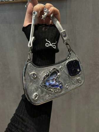 Espejo de maquillaje con forma de corazón, gris de cemento, compatible con iPhone 11/12/13/14/15 pro Max, con estuche para teléfono móvil, con adornos de perlas y orejas de gato enchapadas