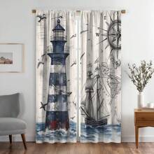 A Pair Of Antique Marine Theme Translucent Curtain Panels-2pcs Marine Sailboat, Seagull, Lighthouse And Compass Printed On Wood Grain Background-Rod Pocket Hanging-Transparent Polyester Curtain For Living Room, Bedroom, Kitchen-Machine Washable