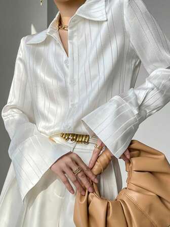 Modisch-lässiges Hemd mit Satin Weißen Streifen, Kragen, Lange Ärmel Manschetten, Knopfdekor, Damen Hemd mit Knopfleiste, Elegant
