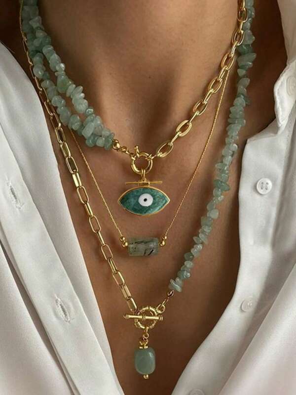 Bohemian Chunky Geometric Evil Eye Necklaces For Women Necklace Natural Green Emerald Semi-Precious Stones Gemstones Beads Women's Fashion Accessories 2025 New Jewelry Statement Holiday Gift Charm Cool Girl