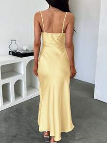Look Polly 夏季女装，奶油黄色真丝长裙吊带裙，婚礼女装秋季女装，返校服，派对女装露肩礼服舞会礼服，优雅性感露腿长裙返校节礼服万圣节服装女士圣诞服装