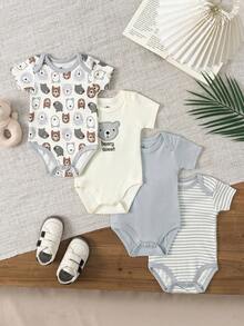 4 Pieces Infant Boy Girl 0-12 Months Casual Short Sleeves Cute Baby Bodysuits Four Seasons - Xám - Xem 1
