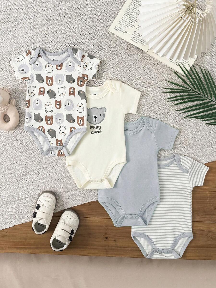 4 Pieces Infant Boy Girl 0-12 Months Casual Short Sleeves Cute Baby Bodysuits Four Seasons - Xám - Xem 1