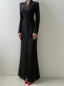 女士V领长袖及踝连衣裙，优雅经典开衩设计，纯色梭织面料，休闲舒适黑色春季款 - 黑色 - 查看 4