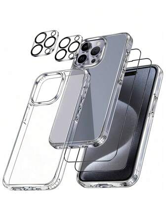 ZYONS [5 In 1] Suitable For IPhone 16 Pro Max, Transparent Phone Case + 2pcs Tempered Glass Screen Protector + 2pcs Camera Lens Protector, All-Round Protection, Crystal Clear Phone Case, Anti-Yellowing, Suitable For IPhone 17 Pro Max/17 Pro/17 Air/17/16E/16 Plus/15 Pro Max/14/13/12/11 Series