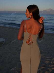Women's Fashion Elegant Sexy Simple Solid Casual Knit Cover Up Beach Dress, Summer