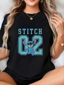 Cartoon Image Short Sleeve Round Neck T-Shirt, Casual And Fashionable Short Sleeve T-Shirt, Micro Elastic, Opaque, Easy Care Material, Perfect For Everyday Wear, Ladies T-Shirt - 黑色 - 查看 1