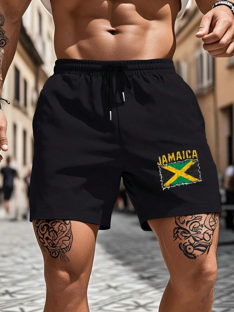 Flag JAMAICA In Bold Yellow Letters Men's Cozy Shorts - Black - View 1