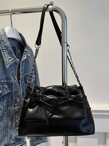 蝴蝶结装饰 1 件黑色抽绳褶蝴蝶结装饰 Pu Mate Rial 翻盖拉链单肩包，配有可调节肩带，适合日常通勤装使用，时尚蝴蝶结钱包，适合女士