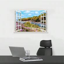 Window Wall Mural Sticker -Grassland, Snowy Mountains, Blue And White CloudsFaux Window Wall Mural Wall Decal, Stick And Peel Wall Decor,50x35