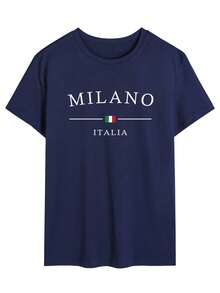 Men's Casual Simple Letter Print Short Sleeve T-Shirt - Navy Blue - View 3