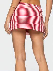 Women Y2k Mini Skirts Solid Color Low Rise Drawstring Skirts Elastic Waist Bow Front Short Skirt Stretchy Side Slit Pencil Skirts Summer Casual Streetwear - 紅白色 - 查看 2