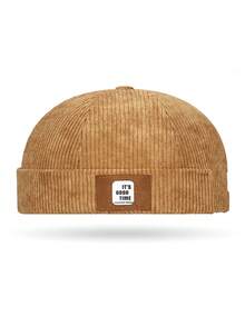 Casquette sans bord avec patch en velours côtelé, chapeau plat de style rétro moto, casquette dôme unisexe style hipster pour le printemps et l'automne - A - Voir 2