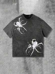 Y2K Spider Print T-Shirt (230g Pure Cotton Washed T-Shirt) 100% Pure Cotton Fabric-Men And Women Street Retro Loose Casual Hip-Hop Washed T-Shirt, Retro Casual All-Matching Fashion Summer Men's Daily Wear T-Shirt