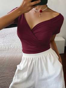 Livesso Women's Solid Color Overlap V-Neck Short Sleeve T-Shirt, Summer - Burgundy - View 3