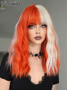 7JHH WIGS 16 英寸短款波浪橙色铂金假发，女士合成齐肩卷发，带刘海，耐热纤维假发，适合女士日常派对、音乐节和万圣节角色扮演 - 橘色 - 查看 4