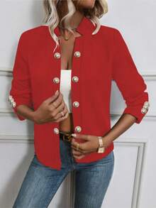 Áo khoác nhẹ tay dài cài nút màu trơn dành cho nữ, mùa xuân và mùa thu - Đỏ - Xem 3