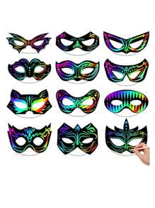 12 pezzi Maschere da arte pittorica con graffio per bambini, forniture scolastiche, regalo per il ritorno a scuola, gadget per feste di Ognissanti (stili di maschere casuali)