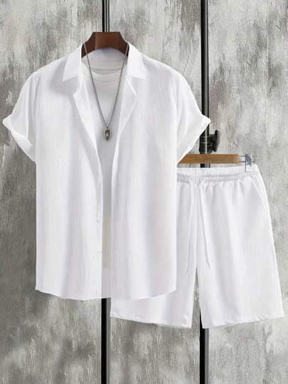 Men's Summer Solid Color Short Sleeve Casual Shirt And Tie Waist Shorts, 2 Pieces/Set Casual Outfits