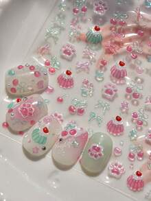 1 pieza Pegatinas para uñas estilo 5D gelatina, pegatinas de uñas con diseño de pudín de cereza lujoso y adorable, pegatinas de arte de uñas autoadhesivas, diseño de uñas DIY, decoraciones de arte de uñas