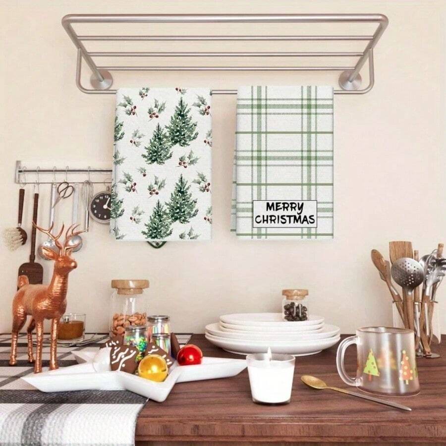 2pcs Christmas Themed Towels, Designed With Christmas Tree And Snowflake Pattern Printed Towels, Machine Washable, Heat-Resistant, Absorbent And Reusable, Suitable For Room Decoration, Kitchen And Bathroom Towels, Party Decoration, Home Decoration, Making It An Ideal Holiday Gift For Christmas.
