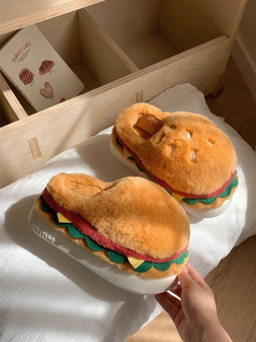 XIXITIAO Dép đi trong nhà ấm áp, thoải mái, thiết kế hình bánh hamburger dễ thương, sáng tạo, ngộ nghĩnh, phù hợp cho cả nam và nữ, thích hợp cho các cặp đôi, có đế mềm chống trượt. - Màu vàng - Xem 1