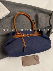 1 pieza Bolso de mano de mezclilla con efecto lavado, bolso de hombro con decoración de correa, cierre magnético - Azul lavado oscuro - Ver 6