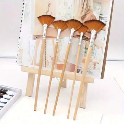 [Soft Paint Brush] 5pcs Soft Nylon Bristles Fan Paint Brush Set, Ergonomic Gourd Wooden Handle, For Acrylic, Watercolor, Oil & Gouache Painting, Ideal For Artists, Teachers, Students, Beginners, Art Gift,School Supplies,Back To School