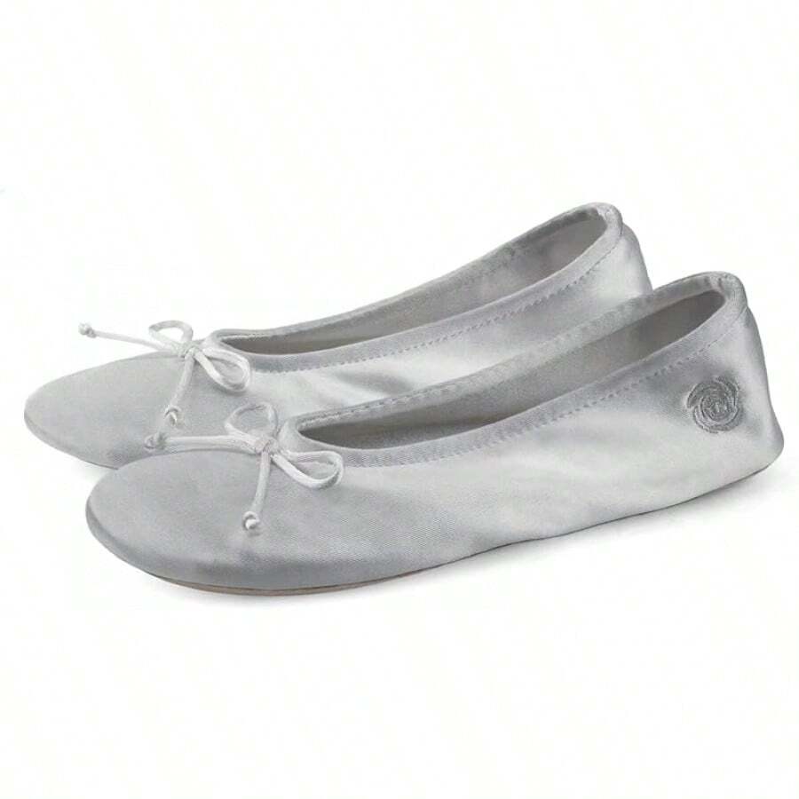 Women's Ballerina House Slippers With Bow, Satin Bedroom Slippers With Suede Sole Indoor, 2025 - Xám - Xem 1