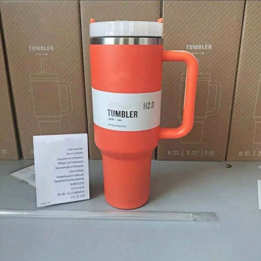 StanleyQuencher H2.0 Flat Cup With Handle And Straw 40 Oz / Position Lid / Cup Holder For Travel / Linsulated Stainless Steel Cup / No BPA / 2.0 - 橘色 - 查看 1