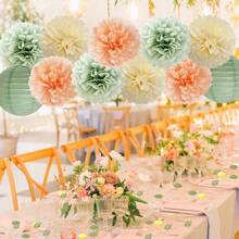 Sage Green Peach Cream Party Decorations Set, 13 Pieces Classic Style Paper Lanterns, Tissue Pom Pom Flowers And Paper Fans, Perfect For Graduation, Birthday, Bridal Shower, Wedding And Engagement Party Decorations