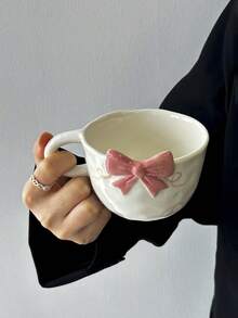 1pc Ins Style 3D Embossed Bowknot Ceramic Mug With Handle, Suitable For Coffee, Milk, Tea, Beverage, Gift For Family And Friends - Multicolor - View 4