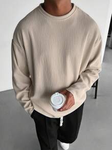 男士 Old Money 休闲运动条纹长袖T恤，秋季款 - 杏色 - 查看 2