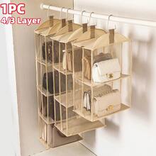 1 件隔层悬挂手提包收纳架可折叠可拆卸透明包袋收纳架衣柜壁橱节省空间的存储系统钱包包收纳架用于存放各种物品，如衣服、包、娃娃、鞋子