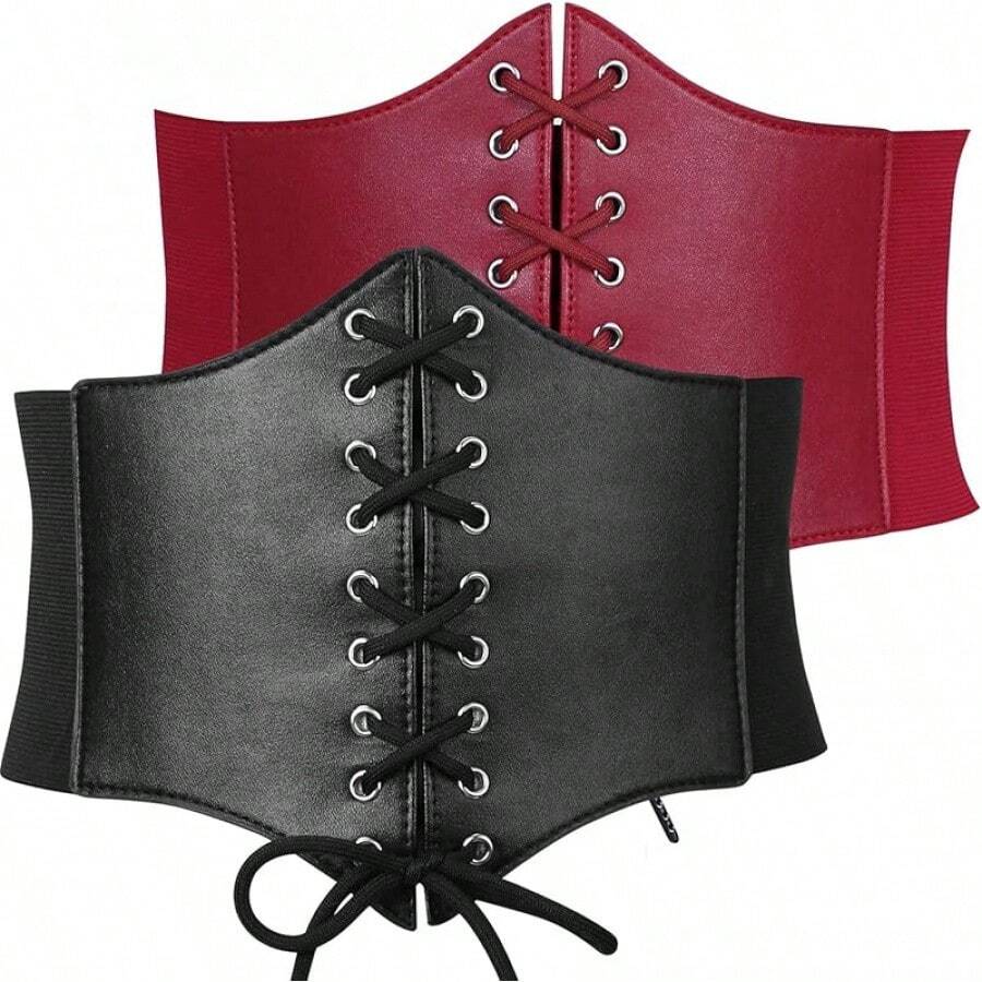 Black Wide Elastic Corset Waist Belt For Dresses - 03 Black+Red - View 1