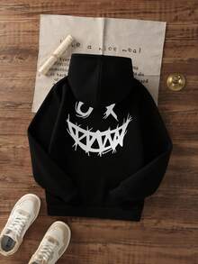 Tween Boys Casual Black Printed Thermal Lined Hooded Pullover Sweatshirt, Autumn