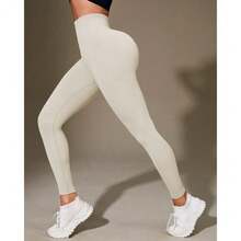 Plain Ribbed Leggings Polyamide Double Waist Textured Ribbed Leggings Evening Daily Birthday Party Sports & Fitness Airport Clothing Travel Formal & Evening Holiday - Màu be - Xem 3