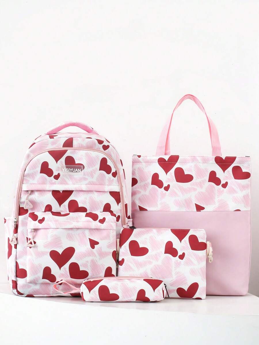 4-Piece Set Fashionable And Versatile Backpack For School, Back To School, Travel, Outdoor, Featuring Large Capacity And Practical Functions - Pink - View 1