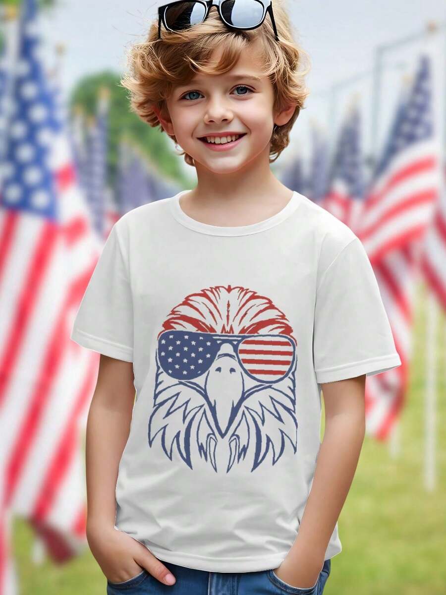 Kids T Shirt Cute American Eagle Wearing USA Flag Sunglasses Fun Boys Girls Summer Tee Gift Cool Graphic Top Fashion Casual Kidswear  Youth Apparel - 白色 - 查看 1