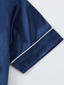 Girls Pajamas, Satin Silky Pjs Set Kids 2Pcs Button-Down Nightwear Sleepwear Gift For Kids - Navy Blue - View 5
