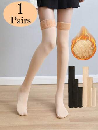 1 Pair Women's Black & Brown Snow Socks, Warm Thermal-Lined Floor Socks, Casual Home Mid-Calf & Over-The-Knee Socks, Winter, Y2k