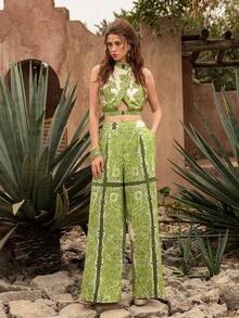 Faeriesty BohoBloom 女士两件套：露背无袖短款上衣搭配飘逸阔腿裤。适合休闲漫步、周末度假、海滩休闲和日常出行。 - 綠色 - 查看 6