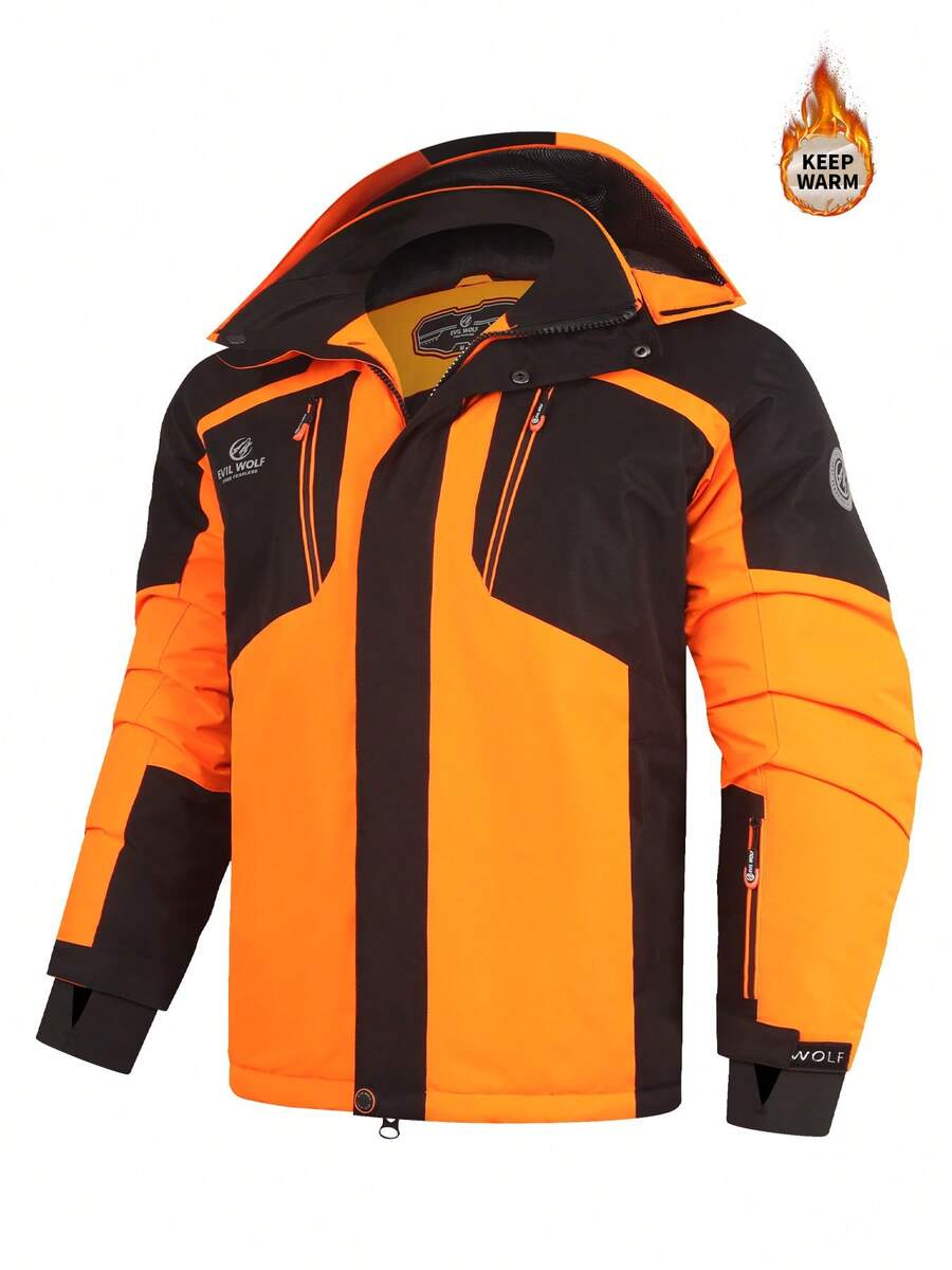 Men's Winter Ski Jacket, Outdoor Fashion Thick Ski Jacket, Men's Hooded Thick Mountaineering Windbreaker, Korean Casual Stylish Ski Jacket With Large Pockets - Orange - View 1