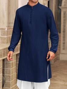 Runcati Men's Cotton Linen Henley Button Down Thobe Long Sleeve Casual Muslim Kaftan Gown - Màu xanh hải quân - Xem 1