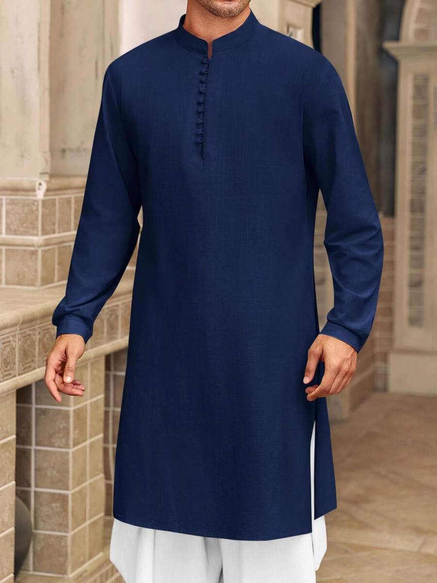 Runcati Men's Cotton Linen Henley Button Down Thobe Long Sleeve Casual Muslim Kaftan Gown - Màu xanh hải quân - Xem 1