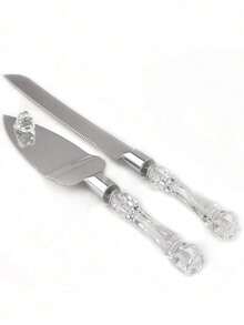 半套婚礼蛋糕切割工具，包含不锈钢蛋糕刀和蛋糕铲，银色刀刃搭配亚克力水晶手柄，是婚礼、新娘送礼会、周年纪念、乔迁之喜和生日的完美礼物。 - 彩色 - 查看 1